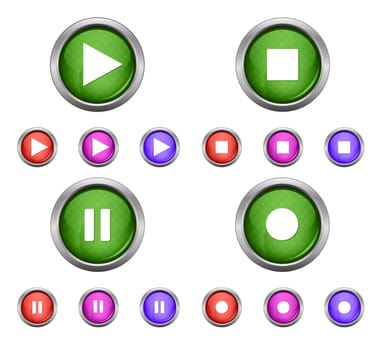 Set of isolated glossy vector web buttons. Beautiful internet buttons isolated on white background. Play, pause, start, record.