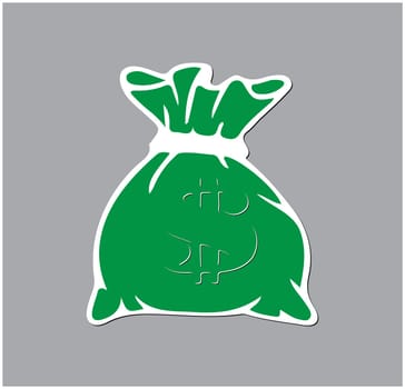 Green money bag icon with dollar sign on grey background. Vector illustration.