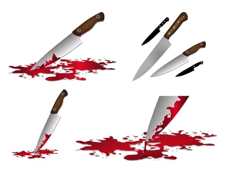 Realistic bloody knife. Knife with blood vector illustration set. Kitchen knife set isolated on white background.