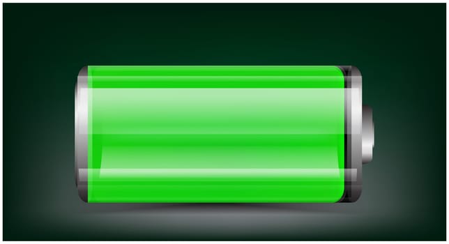 Vector transparent battery illustration. Full green battery on dark background