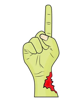 Zombie hand finger up gesture halloween vector - realistic cartoon isolated illustration. Image of scary monster hand gesture pointing up with torn, riven green skin. Picture isolated on white background.