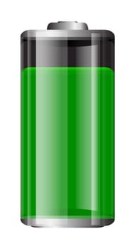 Vector transparent battery illustration. Full green battery isolated on white background