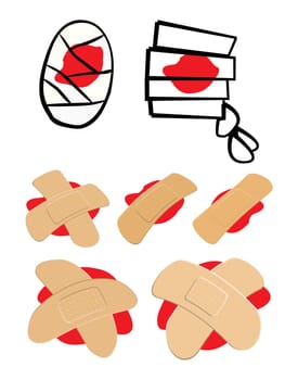 Set of Adhesive  plaster and bandage with red  blood puddle. Medical equipment in different shapes. Vector illustration isolated on white background.