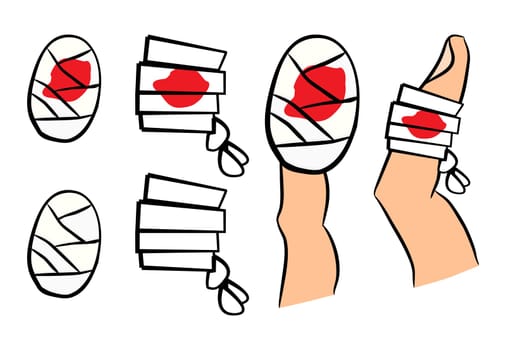 Set of bandage with red  blood puddle. Medical equipment in different shapes single and on finger. Vector illustration isolated on white background.