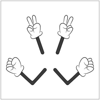 Image of cartoon human gloves hand with arm gesture set. Vector illustration isolated on white background.