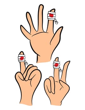 Set of Injured finger, hand wrapped in bandage  with red  blood puddle. Vector illustration isolated on white background.