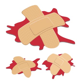 Set of Adhesive, flexible, fabric plaster with red  blood puddle. Medical bandage in different shape - curved cross. Vector illustration isolated on white background.