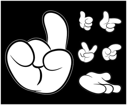 Image of cartoon human hand gesture set. Vector illustration isolated on black background.