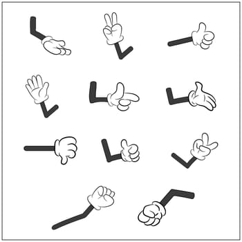 Image of cartoon human gloves hand with arm gesture set. Vector illustration isolated on white background.