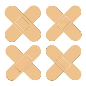 Set of Adhesive, flexible, fabric plaster . Medical bandage in different shape - straigh cross. Vector illustration isolated on white background.