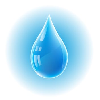 Blue realistic vector water drop on white and blue background.