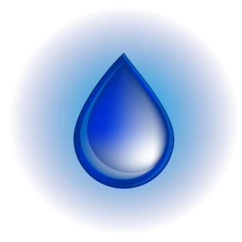 Blue realistic vector water drop on white and blue background.