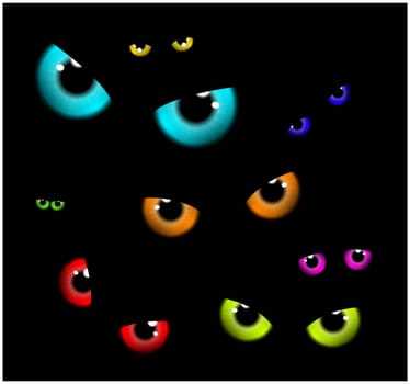 Image of Happy Halloween  spooky background Flat design. Vector illustration of invitation card with scary eyes, eyeballs, iris.