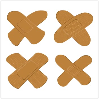 Set of Adhesive, flexible, fabric plaster for dark skin. Medical bandage in different shape - curved cross. Vector illustration isolated on white background.
