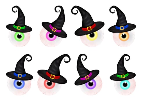 Set  of  Halloween spooky, scary, realistic human eyeball with colorful pupil, iris in wich hat. Vector Illustration isolated on white background.