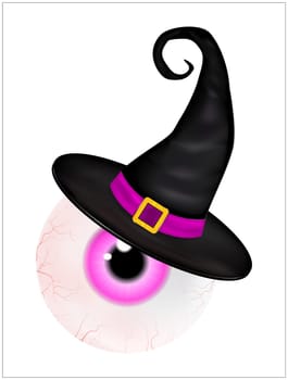 Image of  Halloween spooky, scary, realistic human eyeball with colorful pupil, iris in wich hat. Vector Illustration isolated on white background.