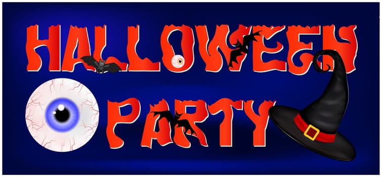Image of Happy Halloween spooky background flat design with sign Halloween party. Vector illustration of invitation card with scary bloody eyeball in witch hat.