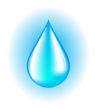 Blue realistic vector water drop on white and blue background.
