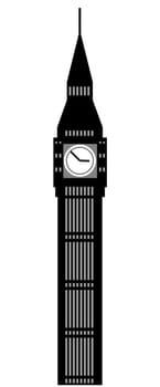 Image of cartoon Big Ben clock silhouette. Vector illustration isolated on white background.