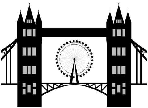 Image of cartoon Tower bridge and london eye  silhouette. Vector illustration isolated on white background.