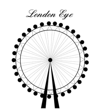 Image of cartoon London Eye silhouette with sign.Vector illustration isolated on white background.