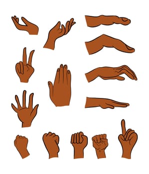 Image of cartoon black man, negro human hand gesture set. Vector illustration isolated on white background.