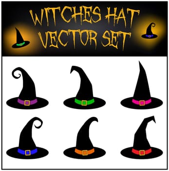 Vector set of Halloween witches hat silhouette. Illustration isolated on white background