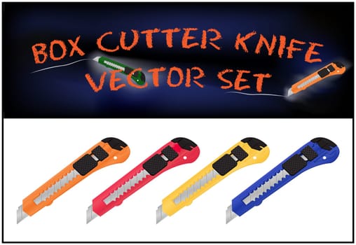 Vector illustration of realistic box cutter knife set isolated on white background