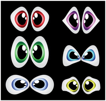 Vector cartoon eyes set isolated on black background