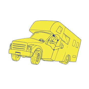Cartoon style illustration of a Driver Thumbs Up driving Camper Van caravan Cartoon