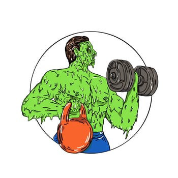 Grime art style illustration of an athlete physical fitness buff lifting dumbbell and kettlebell set inside circle.