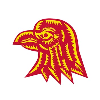 Retro woodcut style illustration of an eagle head viewed from side on isolated background.