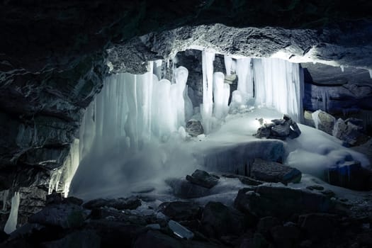 View of the ice cave with icicles. Kungur. Russia