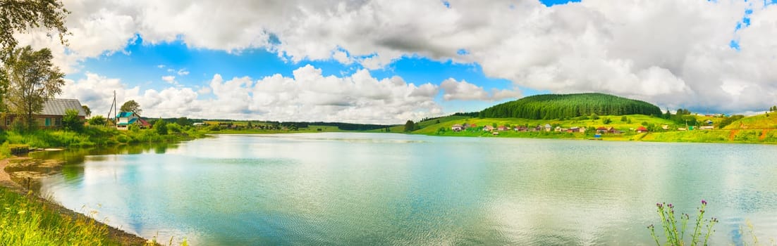 Russian village at lakeside at day time