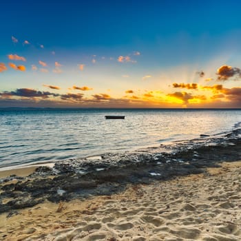 White sandy beach at sunset. Mauritius. Panorama