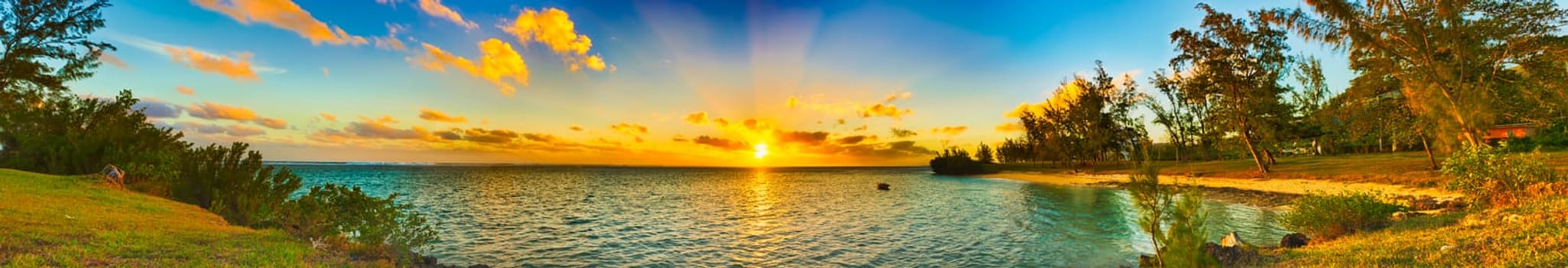Coastal view at sunset. Mauritius island. Panorama