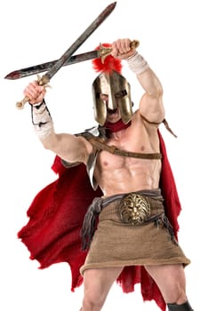 Ancient warrior or Gladiator posing over a white background