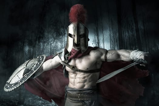 Ancient warrior or Gladiator ready to battle in a dark forest