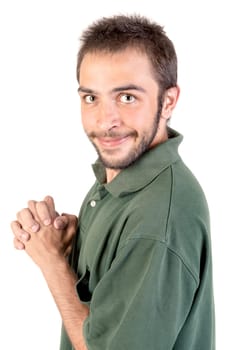 Happy young man making funny faces isolated in white