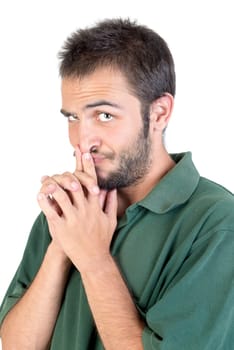Happy young man making funny faces isolated in white