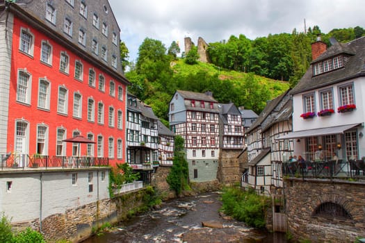 MONSCHAU, GERMANY - JULY 30, 2016: small town Monschau in the Eifel region. The historic town center has many half-timbered houses and narrow streets remained nearly unchanged for 300 years
