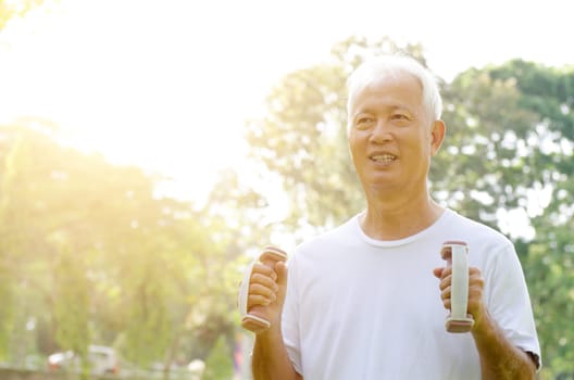 Portrait of healthy gray hair Asian old man exercising at outdoor park in morning.
