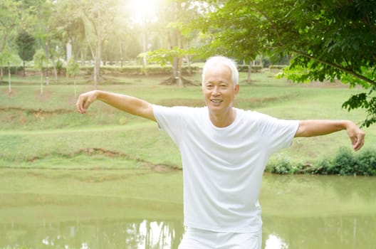 Portrait of healthy white hair Asian senior man practicing qigong at outdoor park in morning.
