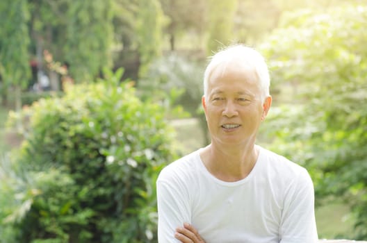 Portrait of white hair Asian senior people smiling, sitting at outdoor park in morning.