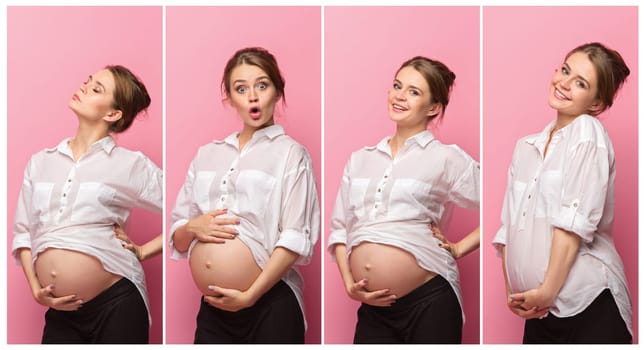 Young beautiful pregnant woman standing on pink studio background. Collage