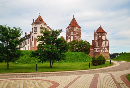 Ancient medieval castle with towers in Mir, Belarus. UNESCO World Heritage