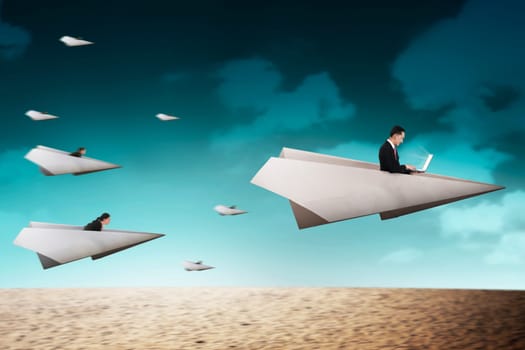 Business people race with paper plane going for better career. Business career concept