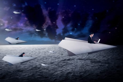 Business people race with paper plane going for better career. Business career concept