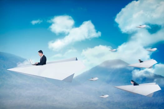 Business people race with paper plane going for better career. Business career concept