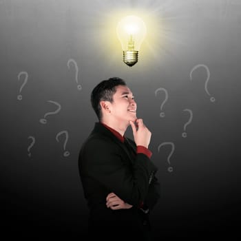 Business man thinking with light bulb top of his head